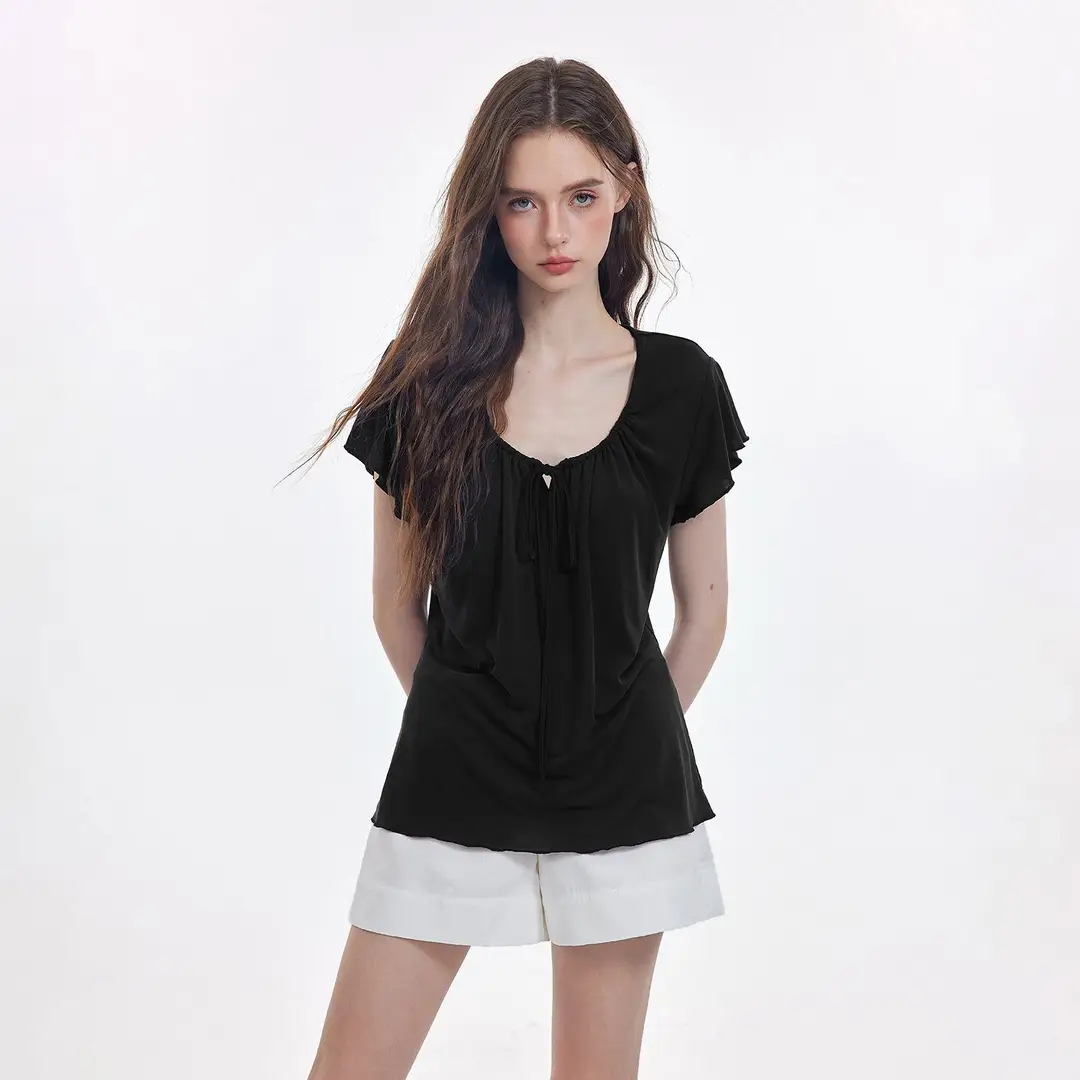 Korean-Style New Design with a Gentle and Relaxed Feel, Bow Tie Waist-Cinching Slim-Fit Short-Sleeve T-Shirt Top — feature 3