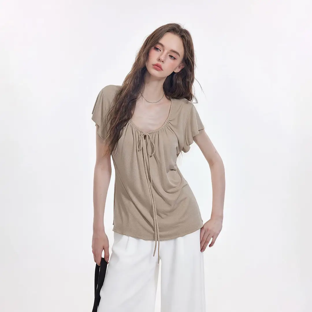 Korean-Style New Design with a Gentle and Relaxed Feel, Bow Tie Waist-Cinching Slim-Fit Short-Sleeve T-Shirt Top — feature 4