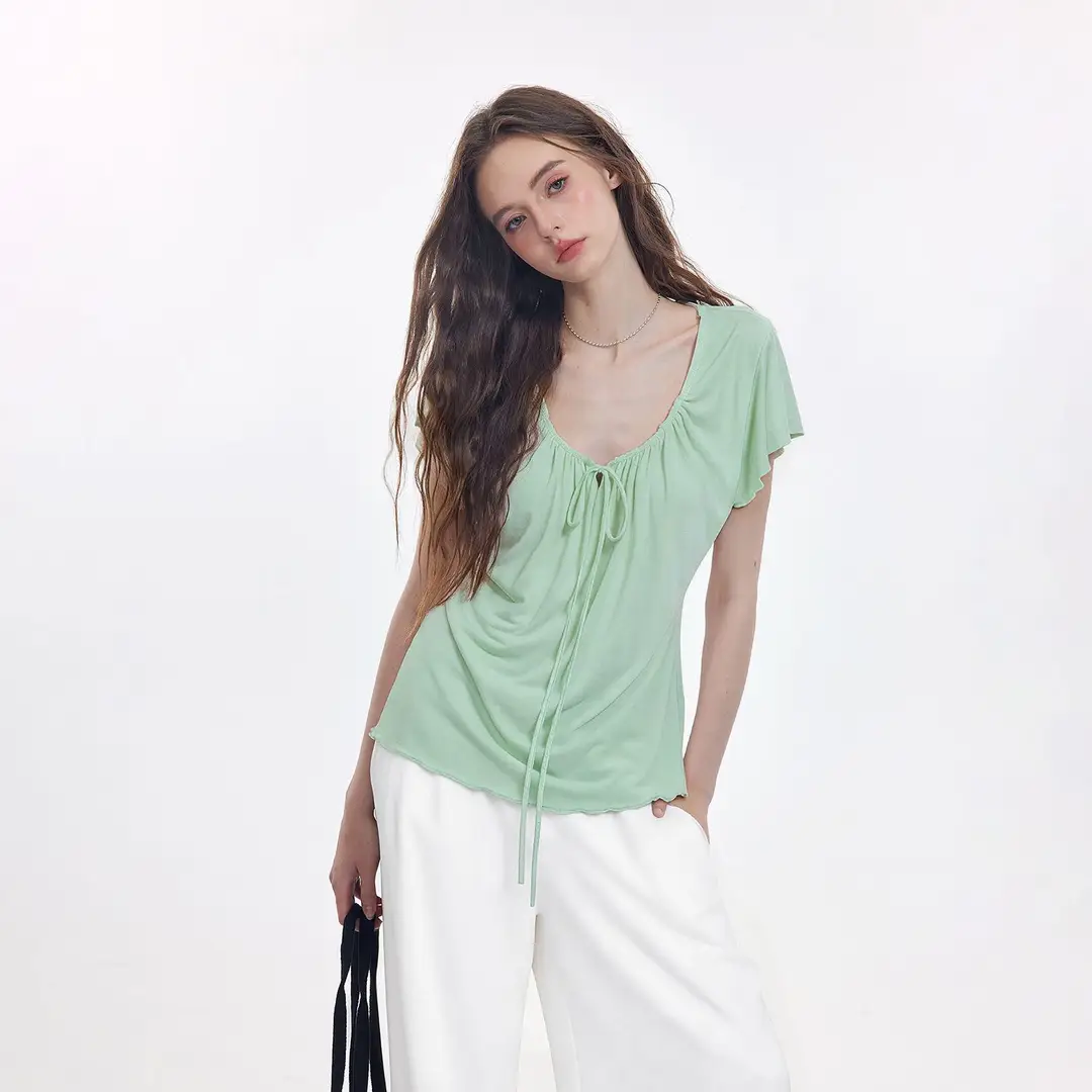 Korean-Style New Design with a Gentle and Relaxed Feel, Bow Tie Waist-Cinching Slim-Fit Short-Sleeve T-Shirt Top — feature 5