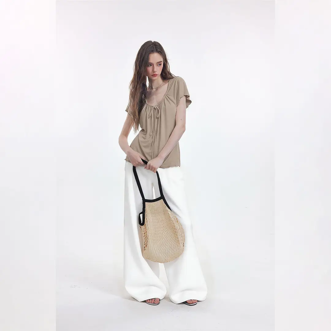 Korean-Style New Design with a Gentle and Relaxed Feel, Bow Tie Waist-Cinching Slim-Fit Short-Sleeve T-Shirt Top — feature 7
