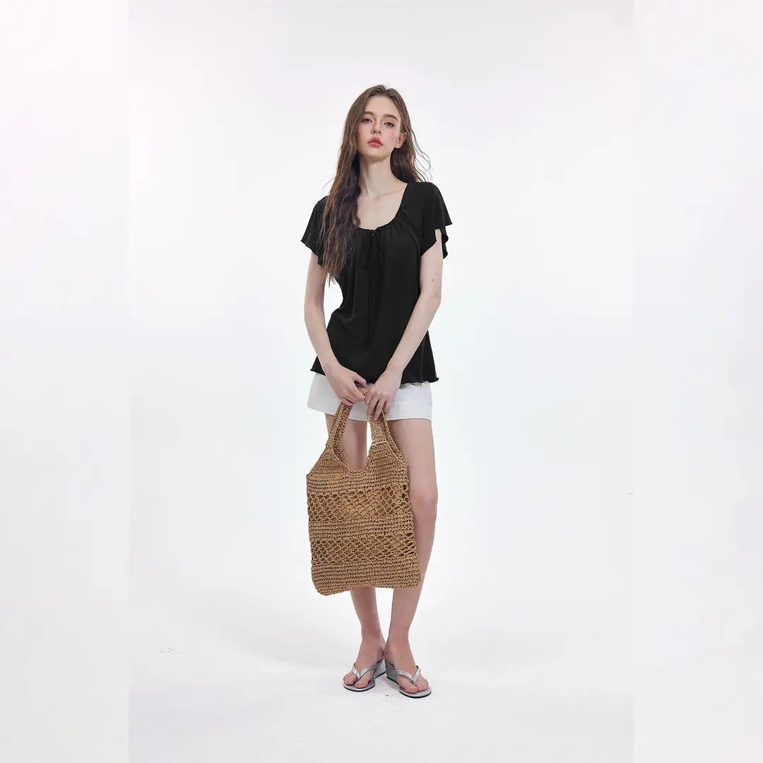 Korean-Style New Design with a Gentle and Relaxed Feel, Bow Tie Waist-Cinching Slim-Fit Short-Sleeve T-Shirt Top — feature 9
