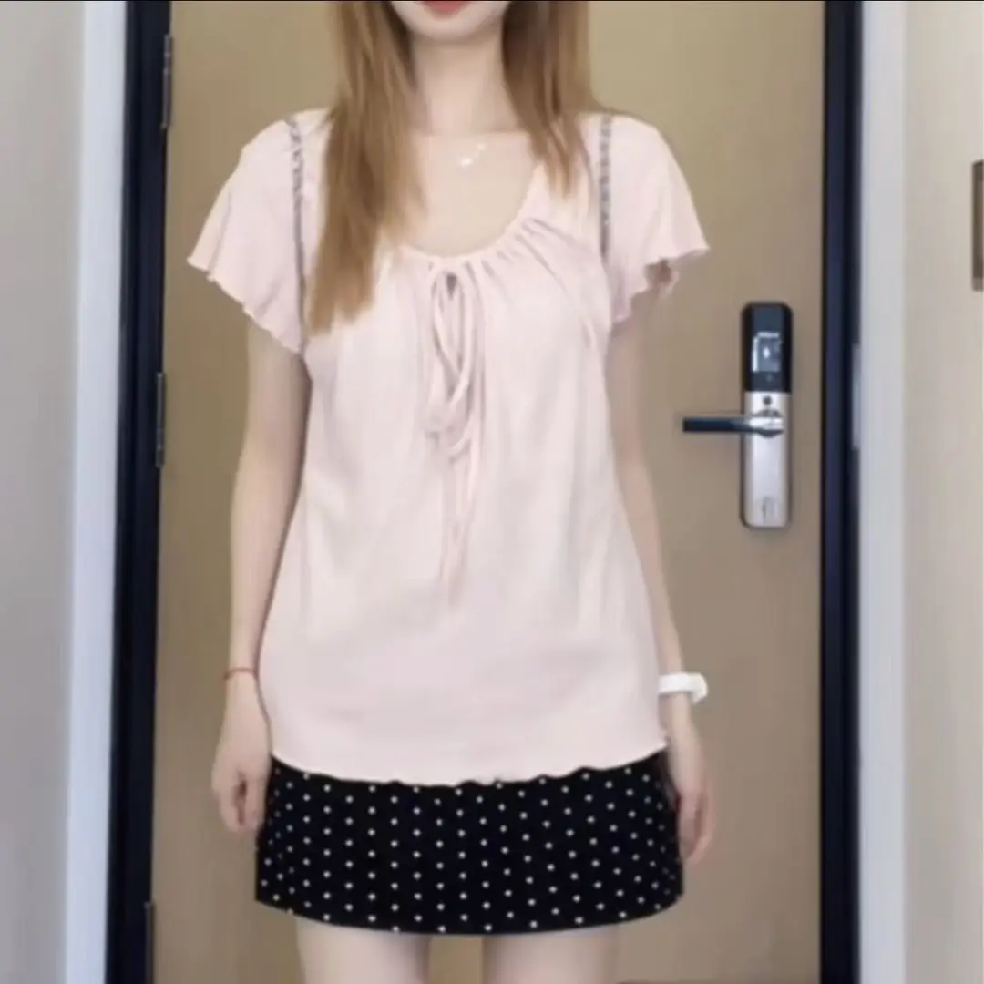 Korean-Style New Design with a Gentle and Relaxed Feel, Bow Tie Waist-Cinching Slim-Fit Short-Sleeve T-Shirt Top