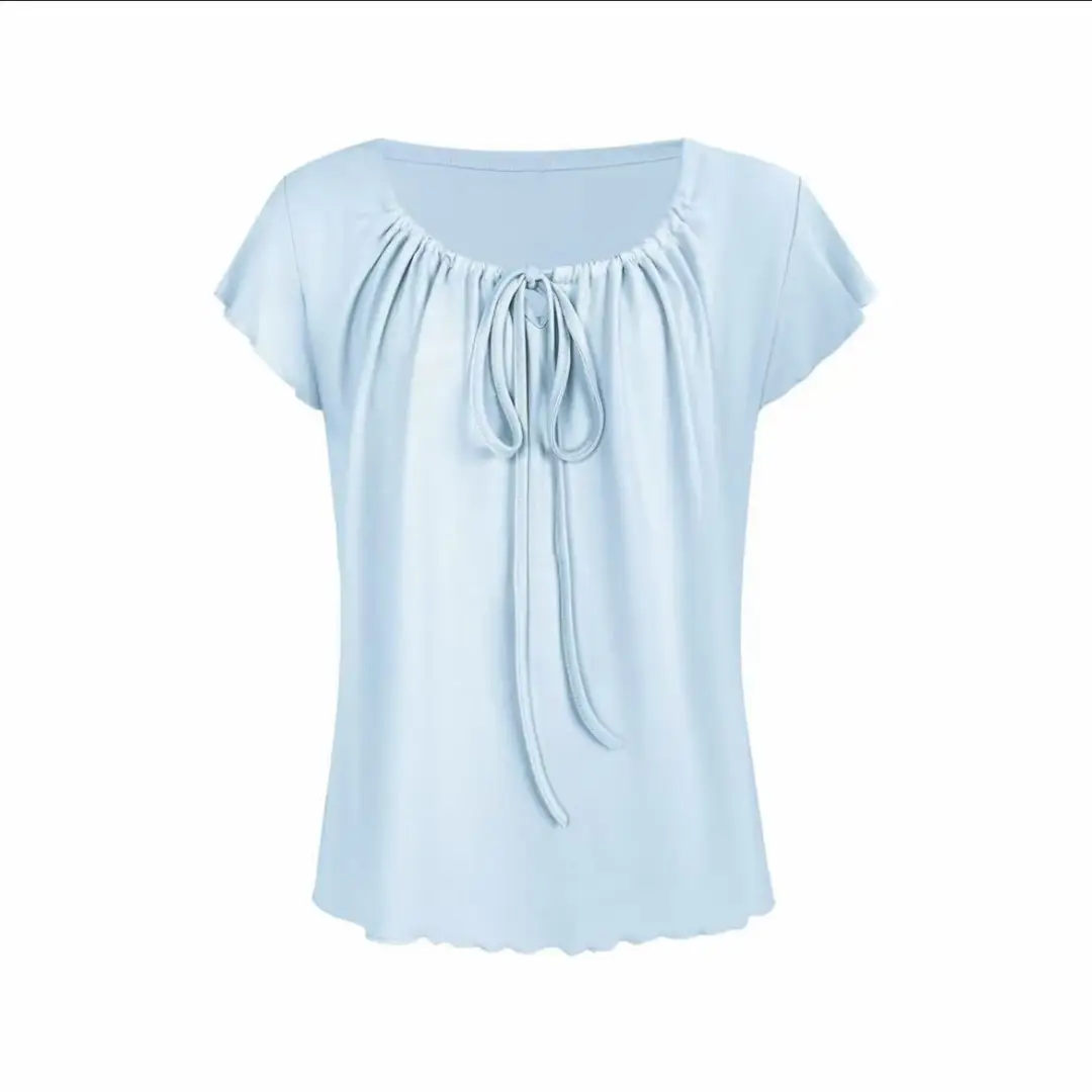 Korean-Style New Design with a Gentle and Relaxed Feel, Bow Tie Waist-Cinching Slim-Fit Short-Sleeve T-Shirt Top