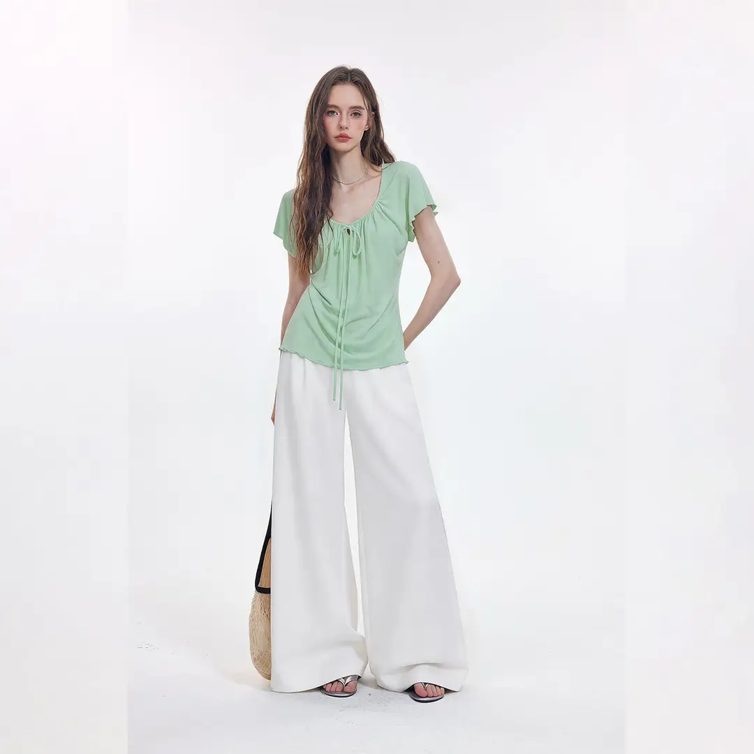 Korean-Style New Design with a Gentle and Relaxed Feel, Bow Tie Waist-Cinching Slim-Fit Short-Sleeve T-Shirt Top