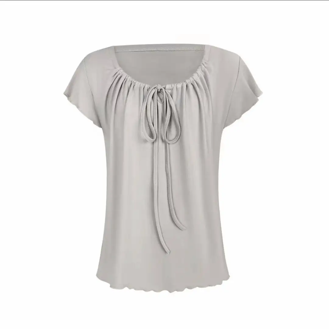 Korean-Style New Design with a Gentle and Relaxed Feel, Bow Tie Waist-Cinching Slim-Fit Short-Sleeve T-Shirt Top