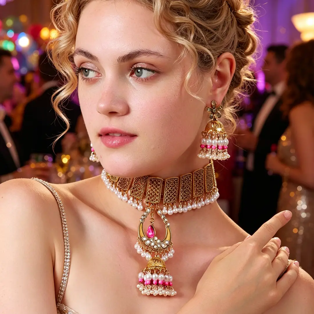 Cross-Border Indian Style Retro Ethnic Style Hollow Wind Chime Earrings and Necklace Bohemian Exotic Style Diamond-Encrusted Set