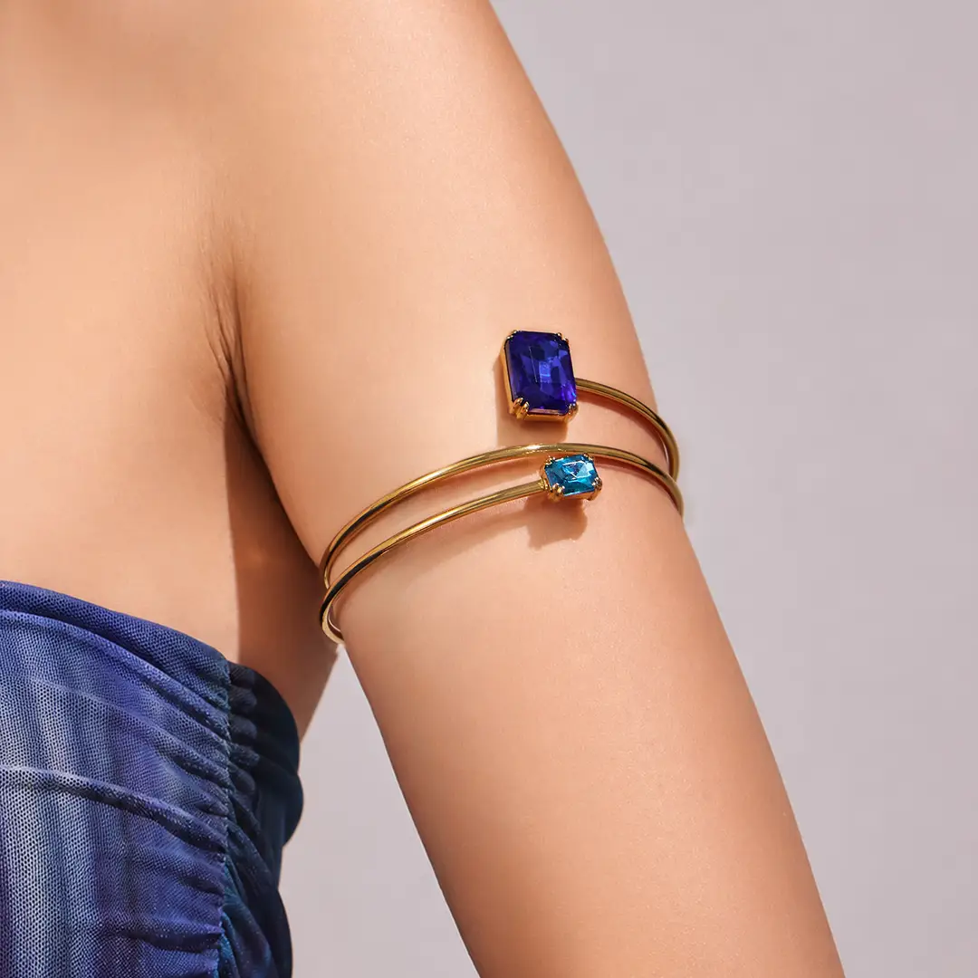 Geometric Paperclip Square Zircon Arm Bracelet, Cross-Border European and American Style, Open Design, Unique and Versatile, Gold-Plated Bracelet