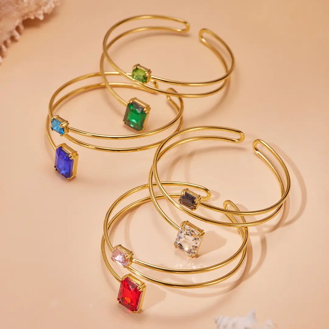 Geometric Paperclip Square Zircon Arm Bracelet, Cross-Border European and American Style, Open Design, Unique and Versatile, Gold-Plated Bracelet