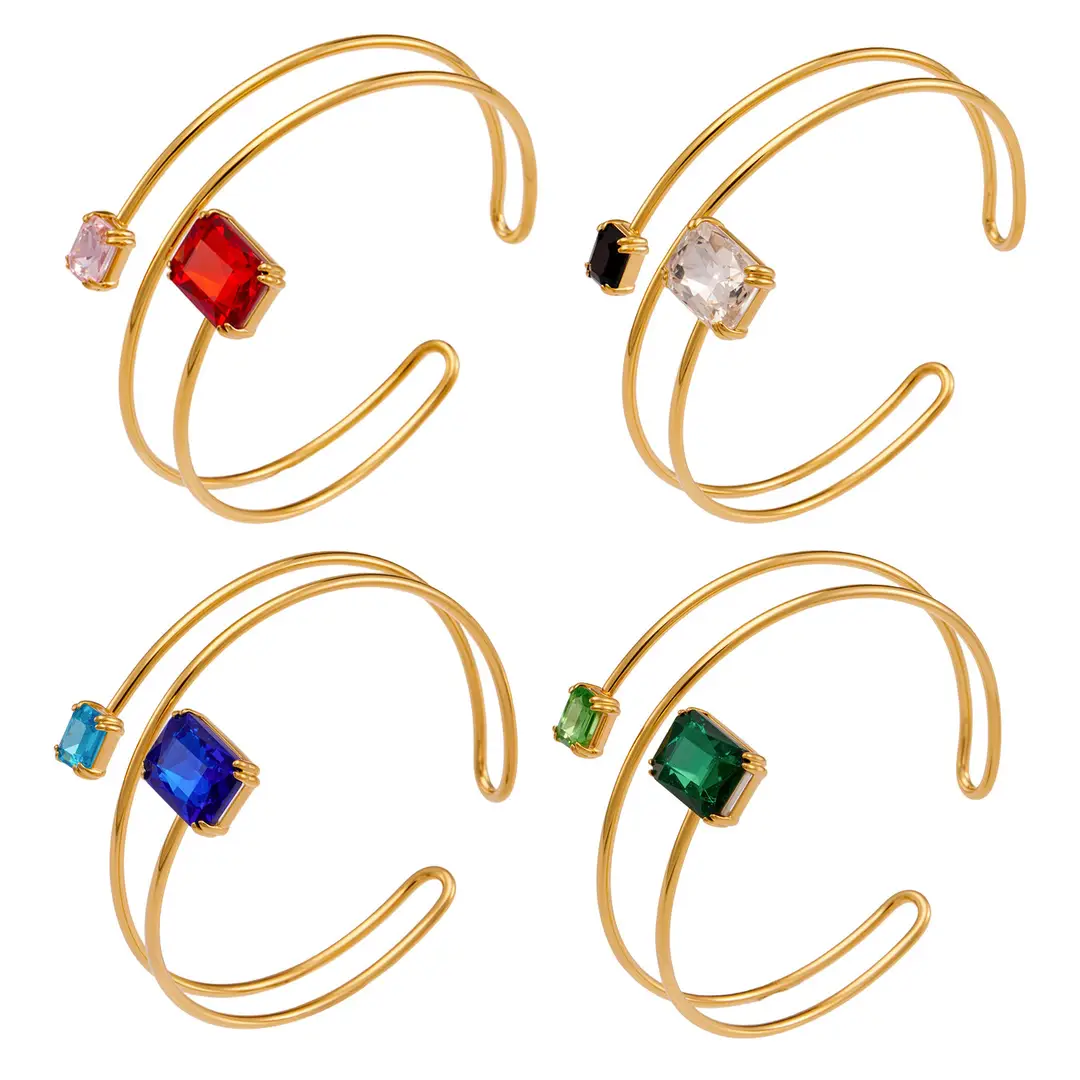 Geometric Paperclip Square Zircon Arm Bracelet, Cross-Border European and American Style, Open Design, Unique and Versatile, Gold-Plated Bracelet