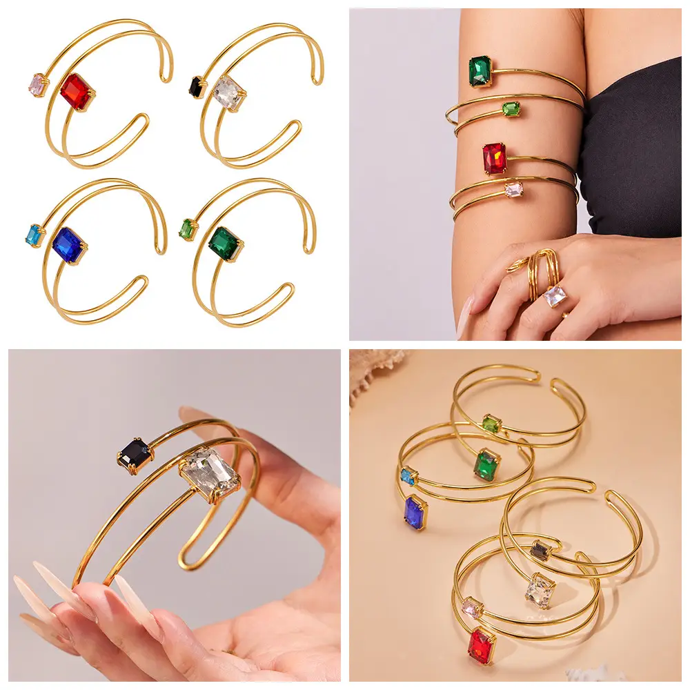 Geometric Paperclip Square Zircon Arm Bracelet, Cross-Border European and American Style, Open Design, Unique and Versatile, Gold-Plated Bracelet — feature 7