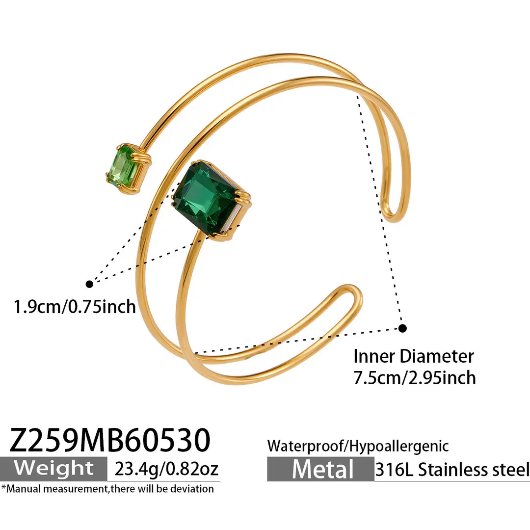Geometric Paperclip Square Zircon Arm Bracelet, Cross-Border European and American Style, Open Design, Unique and Versatile, Gold-Plated Bracelet