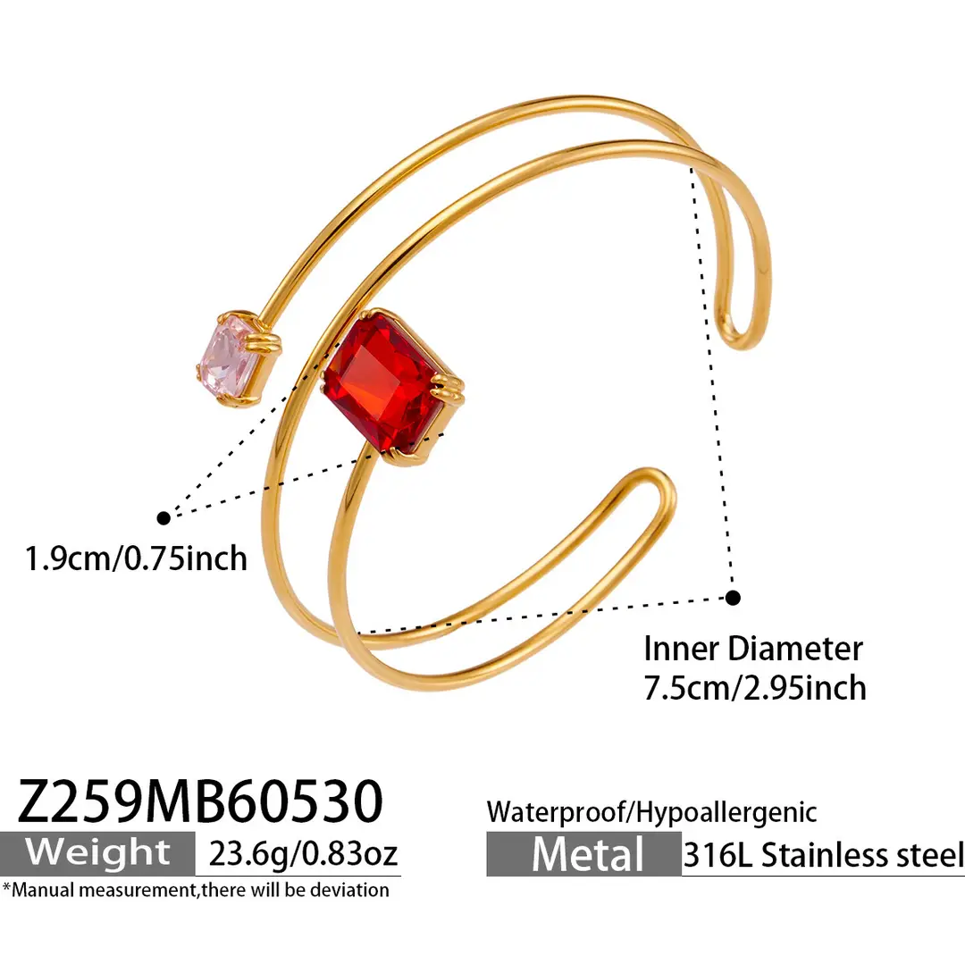 Geometric Paperclip Square Zircon Arm Bracelet, Cross-Border European and American Style, Open Design, Unique and Versatile, Gold-Plated Bracelet