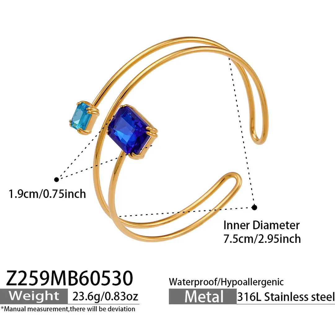 Geometric Paperclip Square Zircon Arm Bracelet, Cross-Border European and American Style, Open Design, Unique and Versatile, Gold-Plated Bracelet