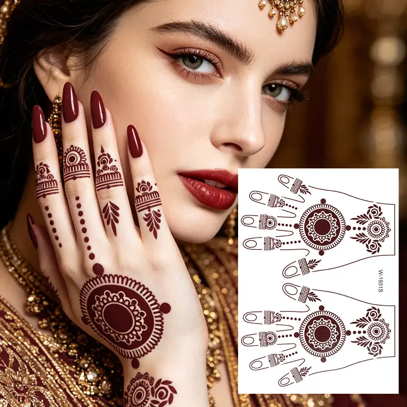 Cross-Border Brown Lace Tattoo Stickers Waterproof Long-Lasting Mandala Flower Indian Henna Wedding Temporary Hand Tattoo