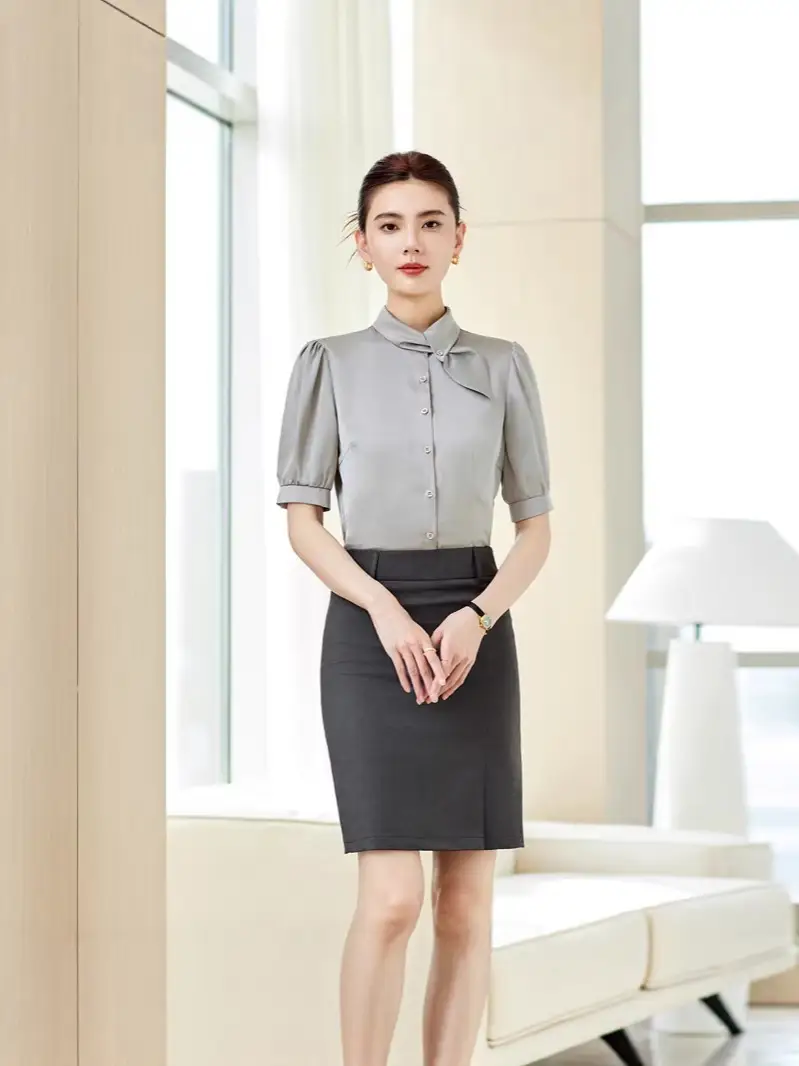 Fashionable Lace-Up Short-Sleeved Satin Shirt for Women, Spring and Summer 2026 New Style Professional Work Shirt, High-End Silk Top