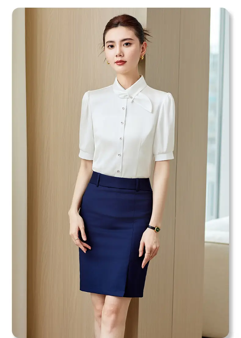 Fashionable Lace-Up Short-Sleeved Satin Shirt for Women, Spring and Summer 2026 New Style Professional Work Shirt, High-End Silk Top — feature 15