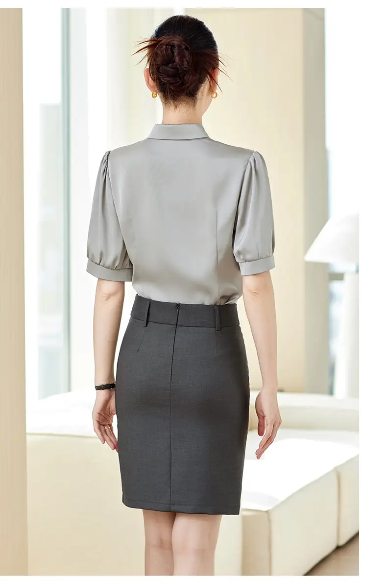 Fashionable Lace-Up Short-Sleeved Satin Shirt for Women, Spring and Summer 2026 New Style Professional Work Shirt, High-End Silk Top — feature 19