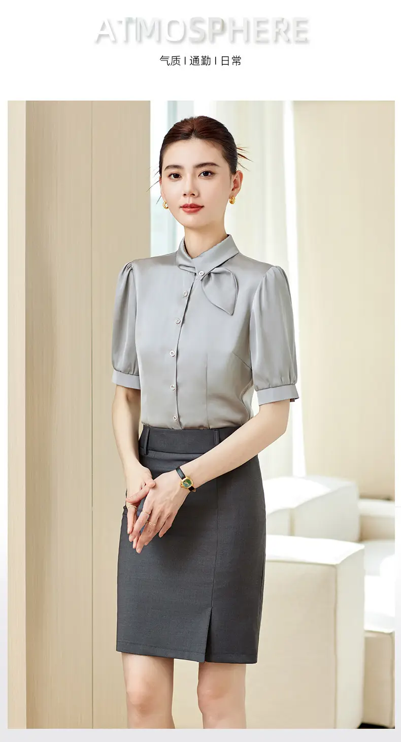 Fashionable Lace-Up Short-Sleeved Satin Shirt for Women, Spring and Summer 2026 New Style Professional Work Shirt, High-End Silk Top — feature 2
