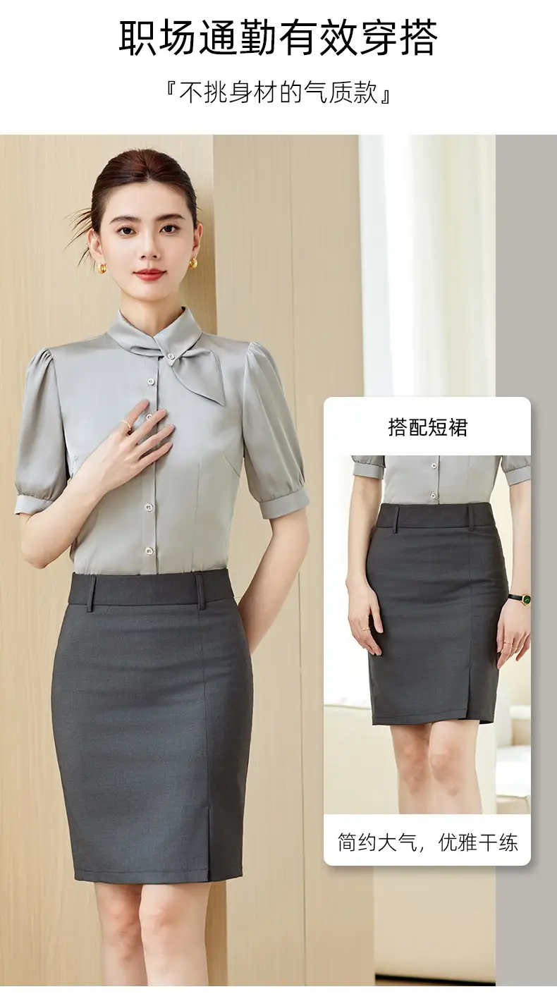 Fashionable Lace-Up Short-Sleeved Satin Shirt for Women, Spring and Summer 2026 New Style Professional Work Shirt, High-End Silk Top — feature 6