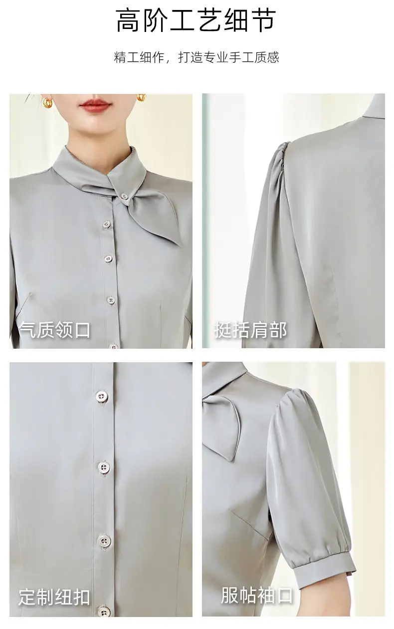Fashionable Lace-Up Short-Sleeved Satin Shirt for Women, Spring and Summer 2026 New Style Professional Work Shirt, High-End Silk Top — feature 8