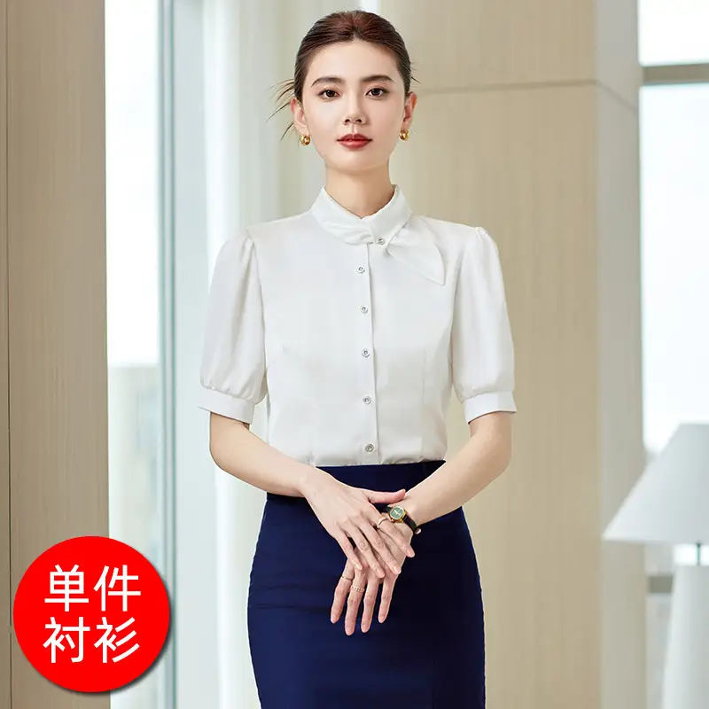 Fashionable Lace-Up Short-Sleeved Satin Shirt for Women, Spring and Summer 2026 New Style Professional Work Shirt, High-End Silk Top