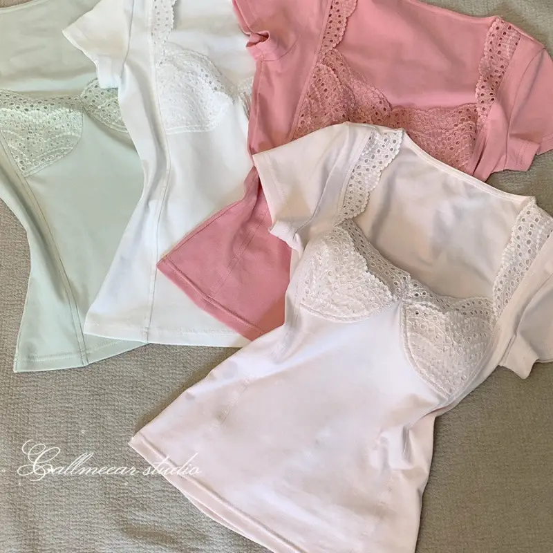 In-Stock 210g Fine Cotton Spliced Design Waist-Cinching Slimming Lace Short-Sleeve T-Shirt for Women, Summer Spicy Girl Style, Short Pure Desire Style