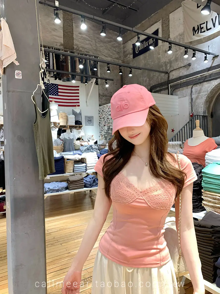 In-Stock 210g Fine Cotton Spliced Design Waist-Cinching Slimming Lace Short-Sleeve T-Shirt for Women, Summer Spicy Girl Style, Short Pure Desire Style — feature 18