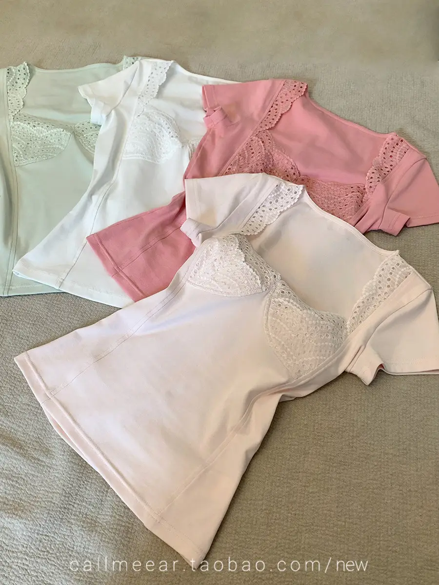 In-Stock 210g Fine Cotton Spliced Design Waist-Cinching Slimming Lace Short-Sleeve T-Shirt for Women, Summer Spicy Girl Style, Short Pure Desire Style — feature 2