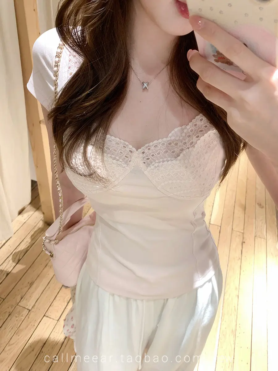 In-Stock 210g Fine Cotton Spliced Design Waist-Cinching Slimming Lace Short-Sleeve T-Shirt for Women, Summer Spicy Girl Style, Short Pure Desire Style — feature 20