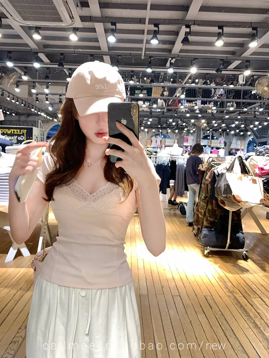 In-Stock 210g Fine Cotton Spliced Design Waist-Cinching Slimming Lace Short-Sleeve T-Shirt for Women, Summer Spicy Girl Style, Short Pure Desire Style — feature 23