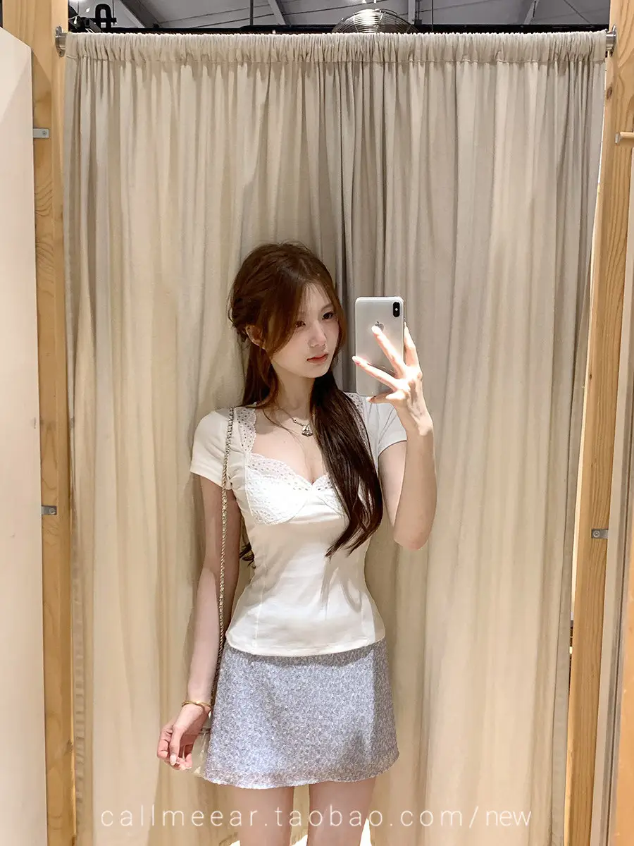 In-Stock 210g Fine Cotton Spliced Design Waist-Cinching Slimming Lace Short-Sleeve T-Shirt for Women, Summer Spicy Girl Style, Short Pure Desire Style — feature 26