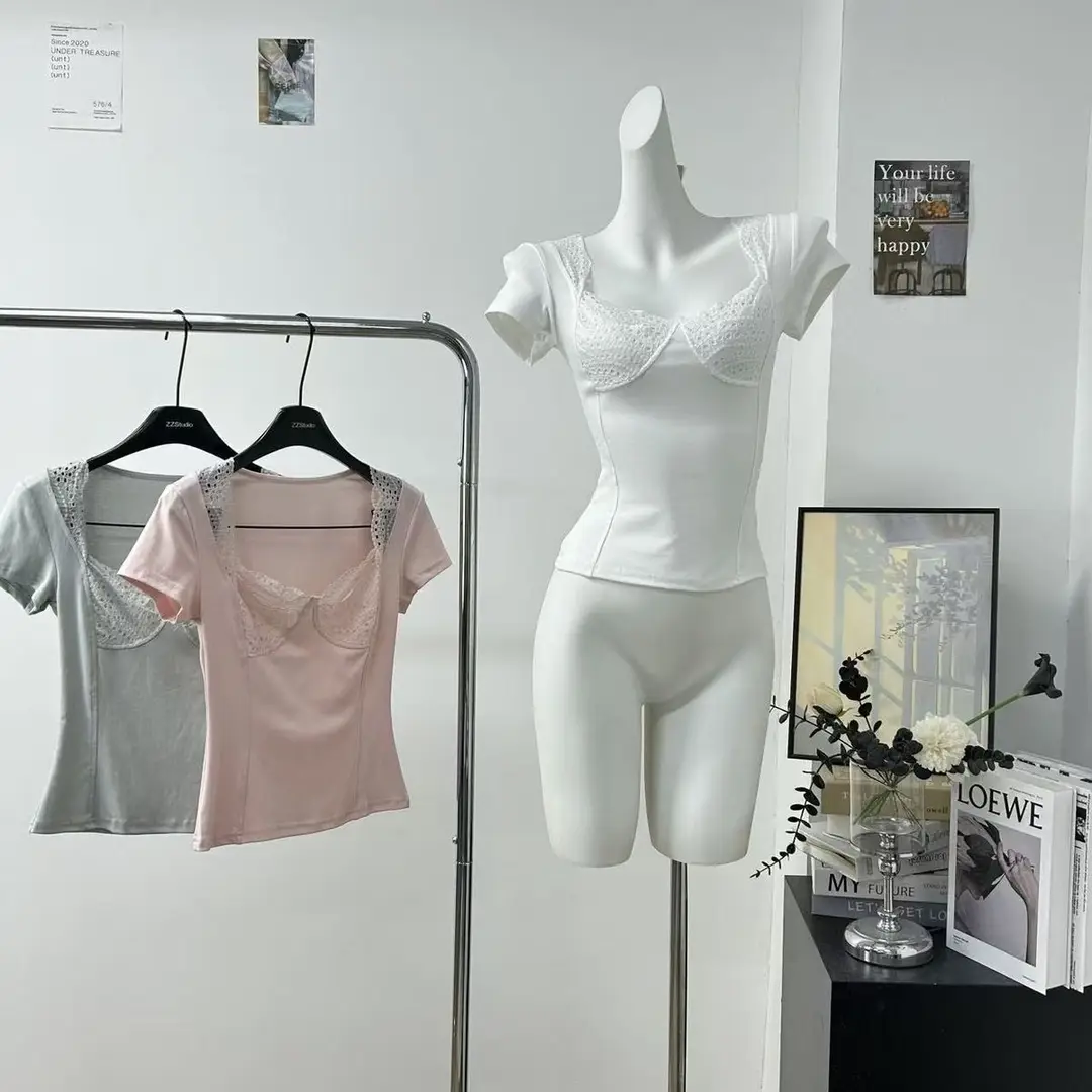 In-Stock 210g Fine Cotton Spliced Design Waist-Cinching Slimming Lace Short-Sleeve T-Shirt for Women, Summer Spicy Girl Style, Short Pure Desire Style — feature 28