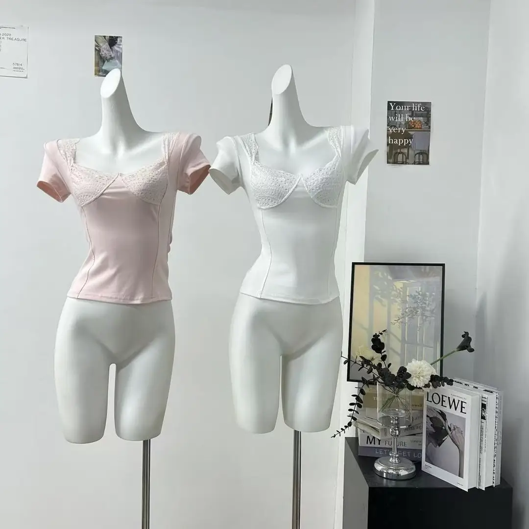 In-Stock 210g Fine Cotton Spliced Design Waist-Cinching Slimming Lace Short-Sleeve T-Shirt for Women, Summer Spicy Girl Style, Short Pure Desire Style — feature 29