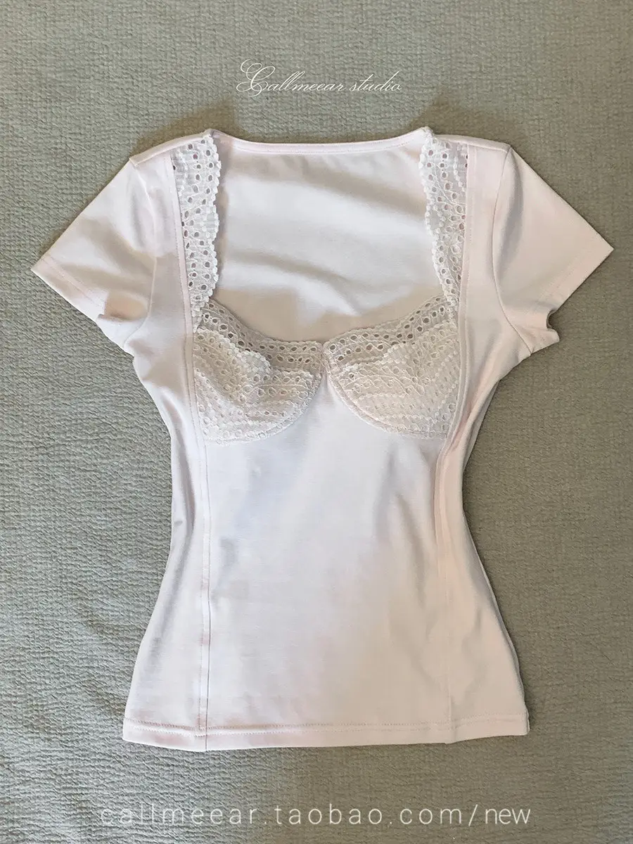 In-Stock 210g Fine Cotton Spliced Design Waist-Cinching Slimming Lace Short-Sleeve T-Shirt for Women, Summer Spicy Girl Style, Short Pure Desire Style — feature 3