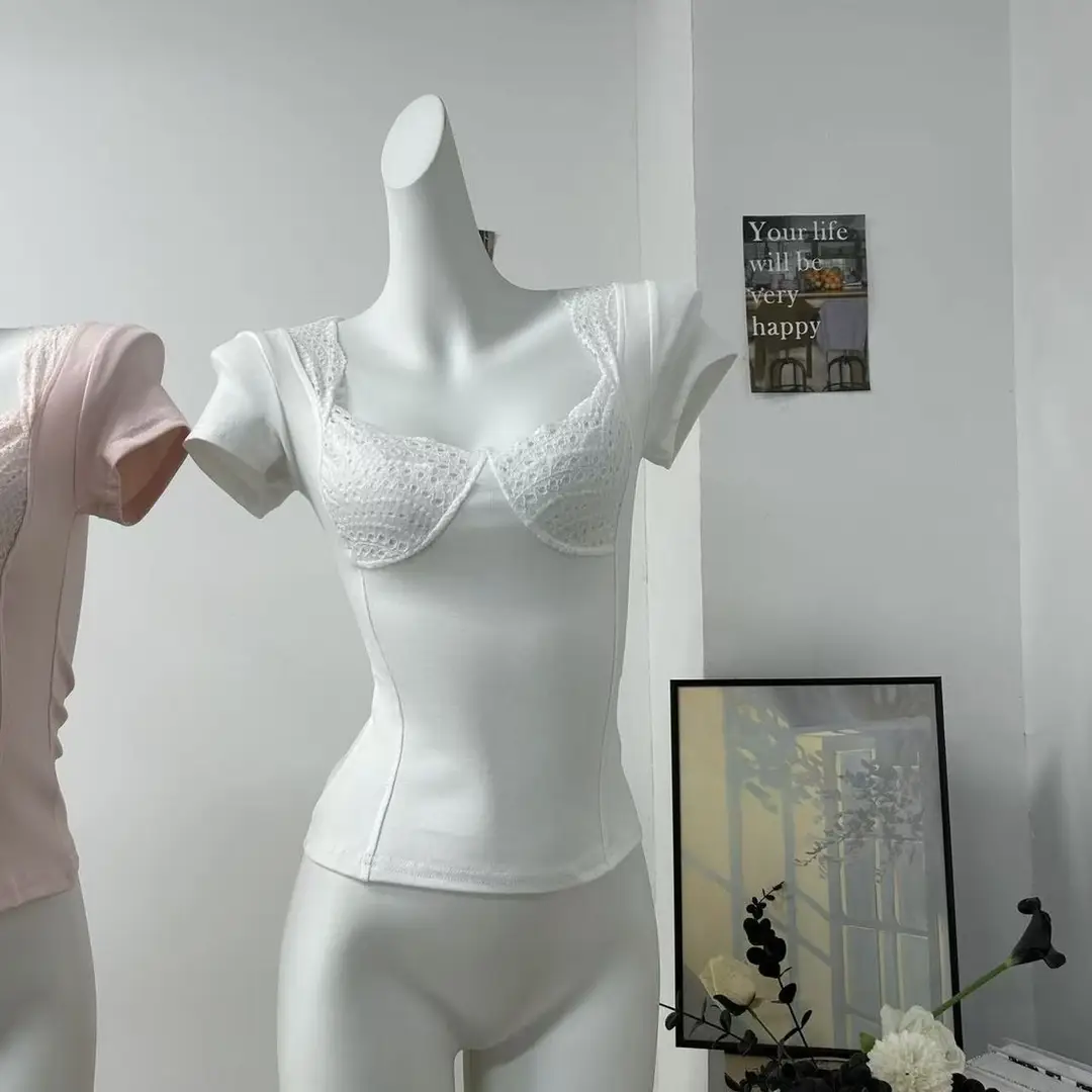 In-Stock 210g Fine Cotton Spliced Design Waist-Cinching Slimming Lace Short-Sleeve T-Shirt for Women, Summer Spicy Girl Style, Short Pure Desire Style — feature 30