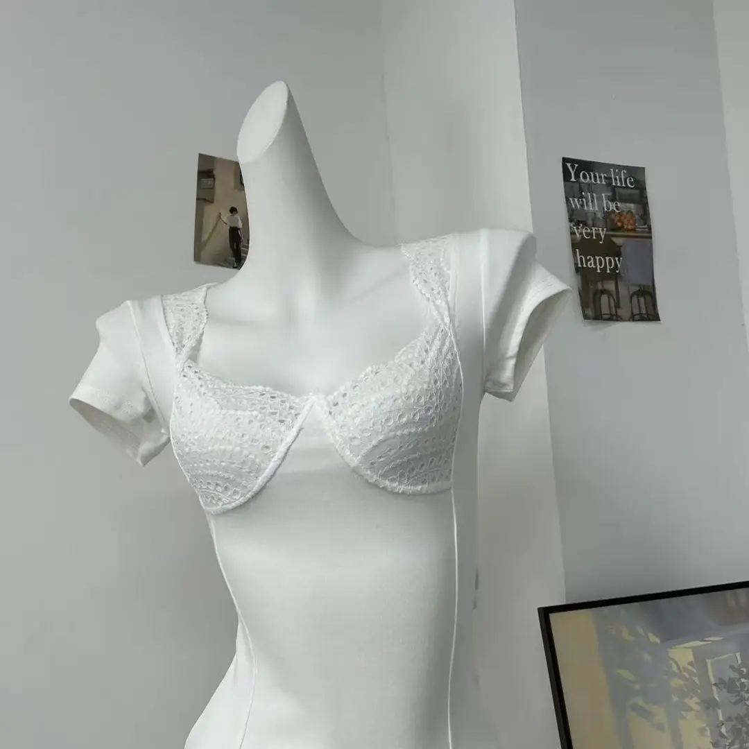 In-Stock 210g Fine Cotton Spliced Design Waist-Cinching Slimming Lace Short-Sleeve T-Shirt for Women, Summer Spicy Girl Style, Short Pure Desire Style — feature 34