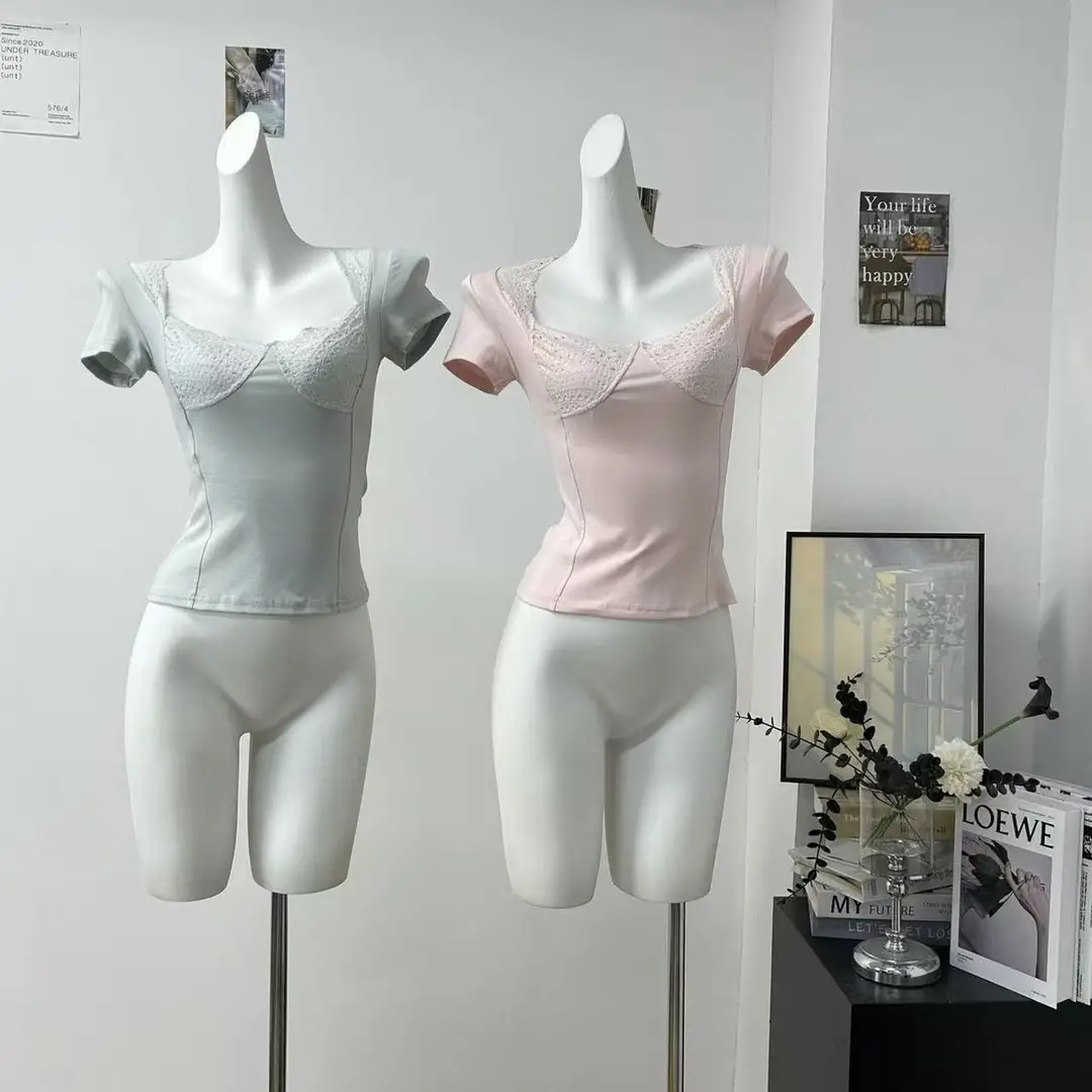 In-Stock 210g Fine Cotton Spliced Design Waist-Cinching Slimming Lace Short-Sleeve T-Shirt for Women, Summer Spicy Girl Style, Short Pure Desire Style — feature 35