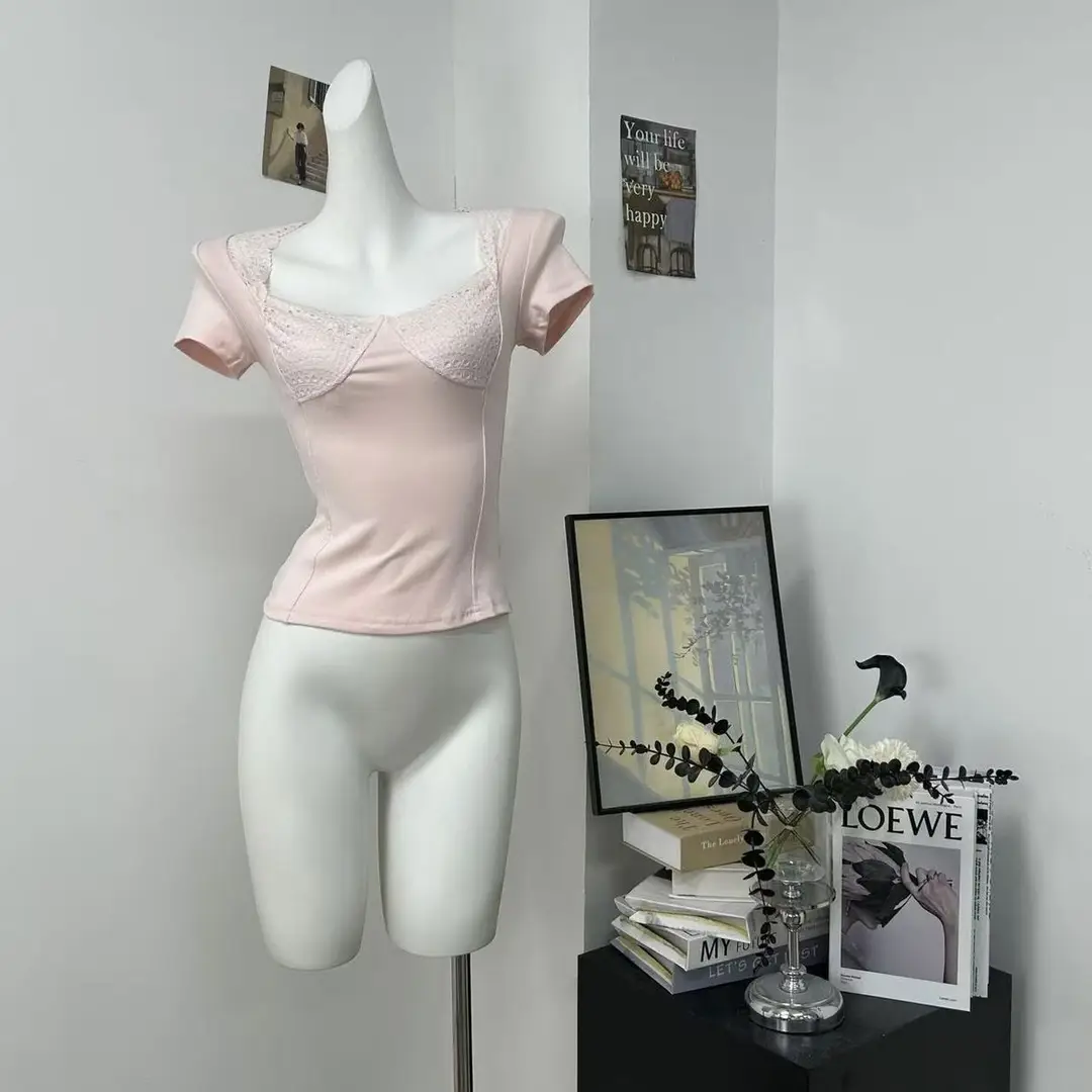 In-Stock 210g Fine Cotton Spliced Design Waist-Cinching Slimming Lace Short-Sleeve T-Shirt for Women, Summer Spicy Girl Style, Short Pure Desire Style — feature 36