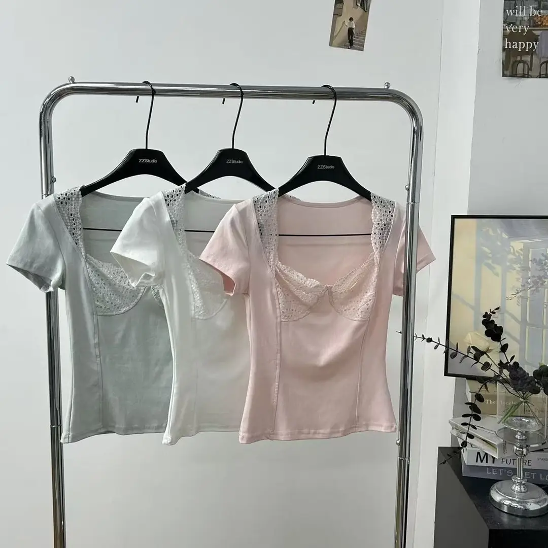 In-Stock 210g Fine Cotton Spliced Design Waist-Cinching Slimming Lace Short-Sleeve T-Shirt for Women, Summer Spicy Girl Style, Short Pure Desire Style — feature 38