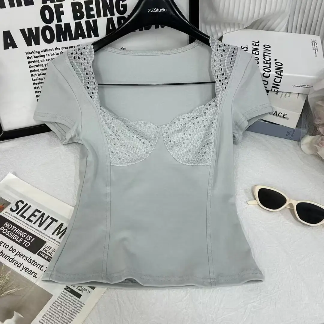 In-Stock 210g Fine Cotton Spliced Design Waist-Cinching Slimming Lace Short-Sleeve T-Shirt for Women, Summer Spicy Girl Style, Short Pure Desire Style — feature 39