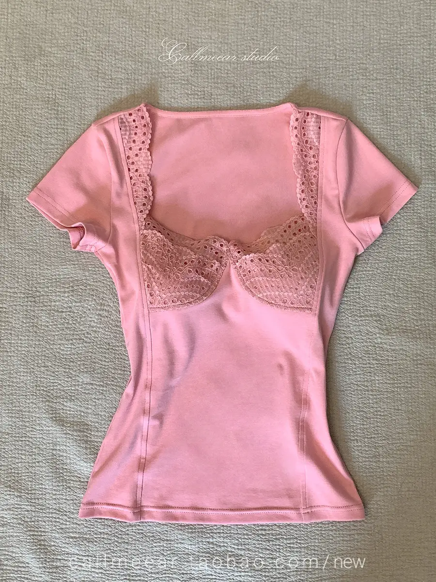 In-Stock 210g Fine Cotton Spliced Design Waist-Cinching Slimming Lace Short-Sleeve T-Shirt for Women, Summer Spicy Girl Style, Short Pure Desire Style — feature 4