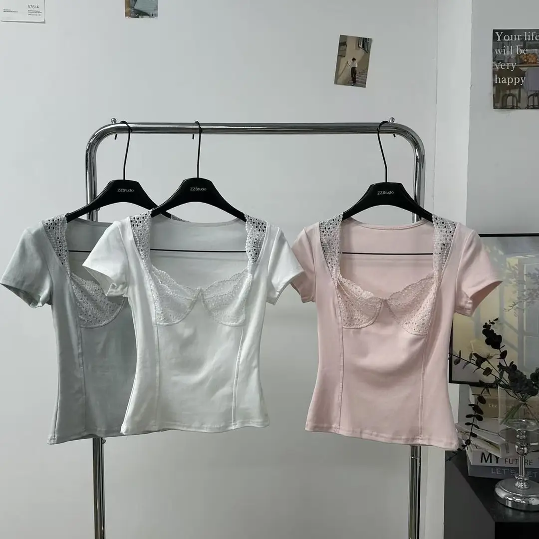 In-Stock 210g Fine Cotton Spliced Design Waist-Cinching Slimming Lace Short-Sleeve T-Shirt for Women, Summer Spicy Girl Style, Short Pure Desire Style — feature 40