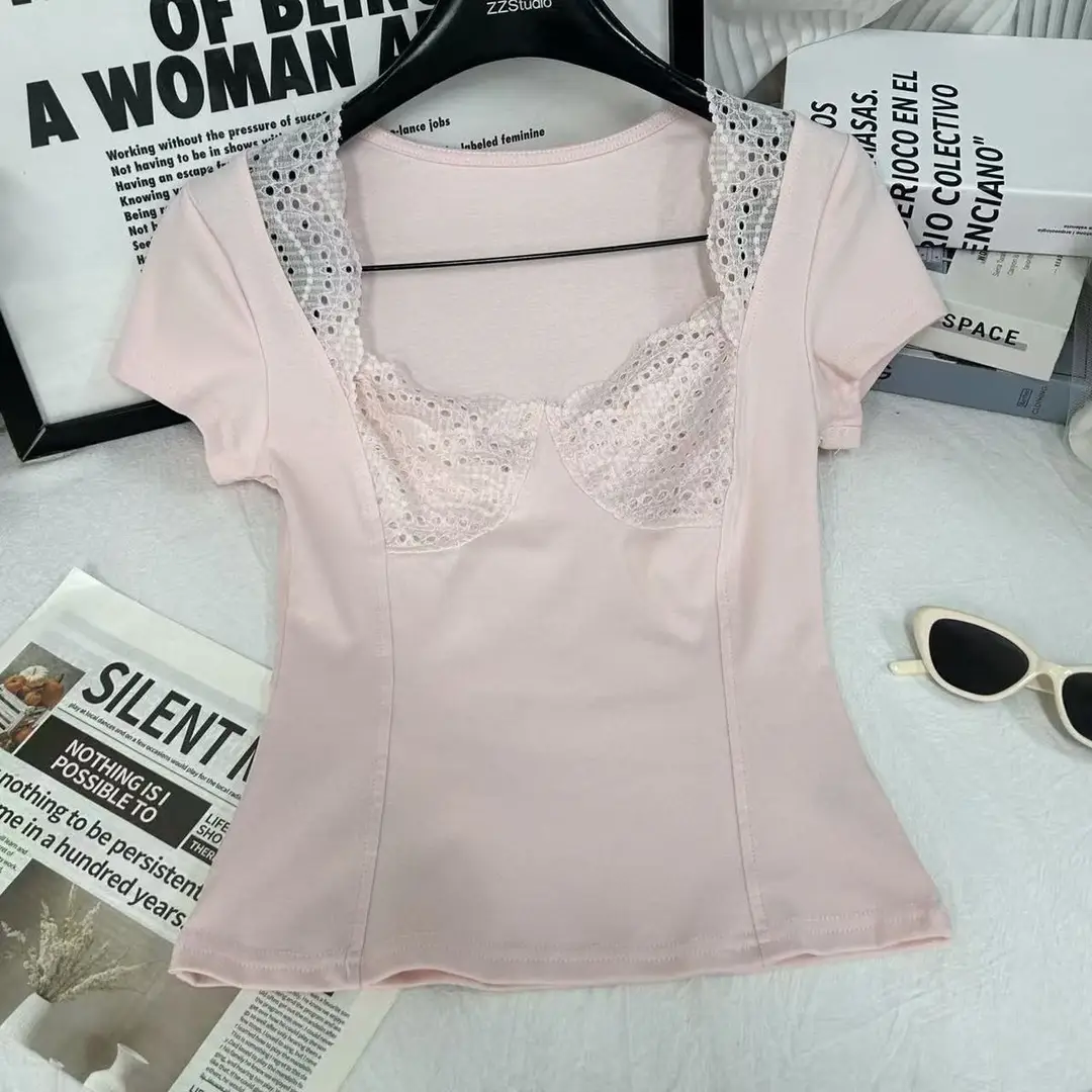 In-Stock 210g Fine Cotton Spliced Design Waist-Cinching Slimming Lace Short-Sleeve T-Shirt for Women, Summer Spicy Girl Style, Short Pure Desire Style — feature 41