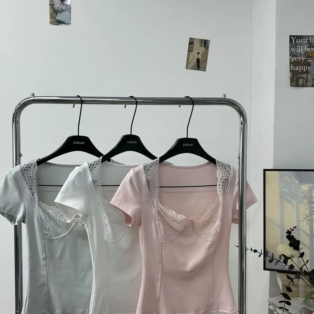 In-Stock 210g Fine Cotton Spliced Design Waist-Cinching Slimming Lace Short-Sleeve T-Shirt for Women, Summer Spicy Girl Style, Short Pure Desire Style — feature 42