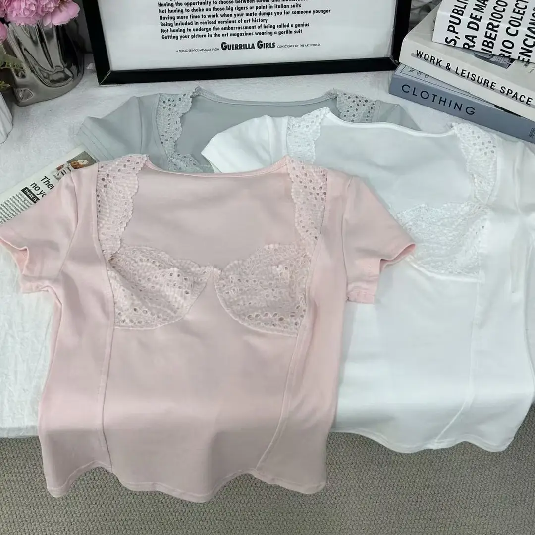 In-Stock 210g Fine Cotton Spliced Design Waist-Cinching Slimming Lace Short-Sleeve T-Shirt for Women, Summer Spicy Girl Style, Short Pure Desire Style — feature 43
