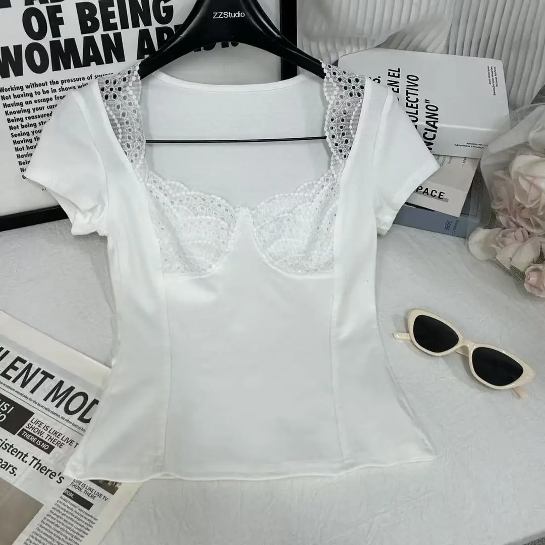 In-Stock 210g Fine Cotton Spliced Design Waist-Cinching Slimming Lace Short-Sleeve T-Shirt for Women, Summer Spicy Girl Style, Short Pure Desire Style — feature 44
