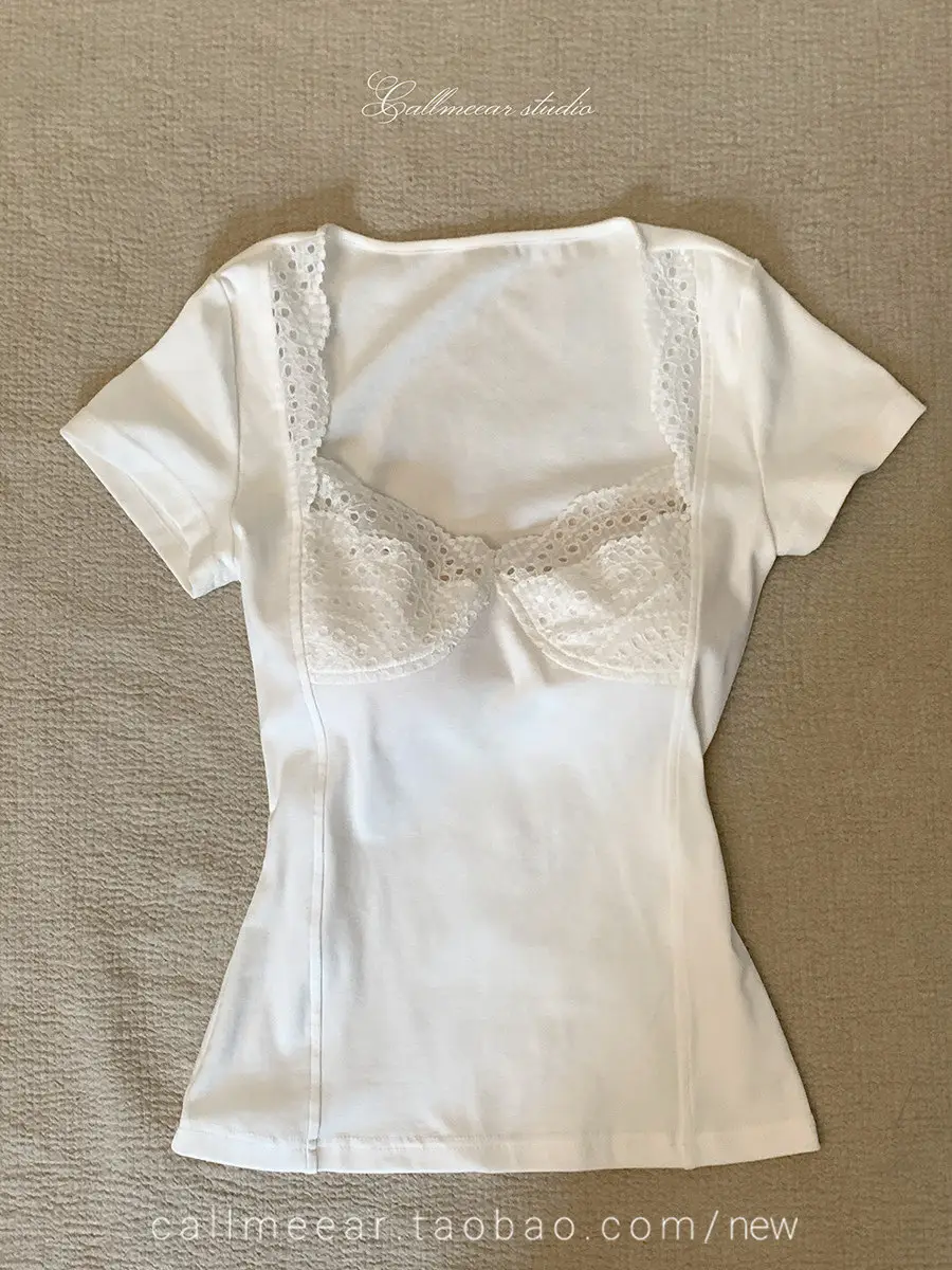 In-Stock 210g Fine Cotton Spliced Design Waist-Cinching Slimming Lace Short-Sleeve T-Shirt for Women, Summer Spicy Girl Style, Short Pure Desire Style — feature 5