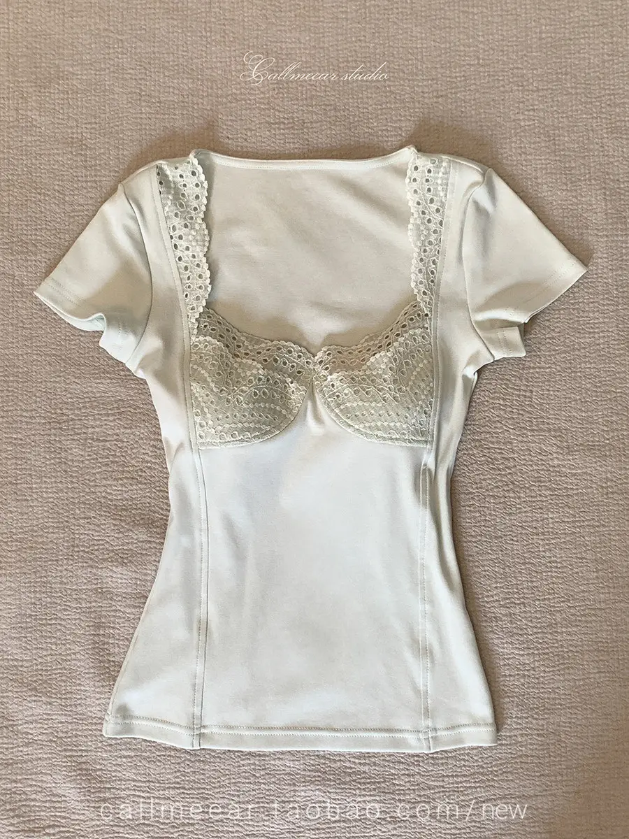 In-Stock 210g Fine Cotton Spliced Design Waist-Cinching Slimming Lace Short-Sleeve T-Shirt for Women, Summer Spicy Girl Style, Short Pure Desire Style — feature 6