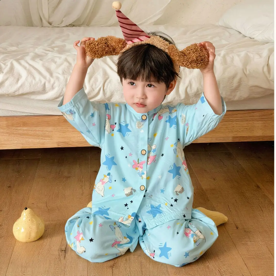 Children's Cotton Silk Home Clothes, Boys' and Girls' Artificial Cotton Pajamas Set, Boys' and Girls' Cardigan Cotton Silk Air-Conditioning Clothes Pajamas