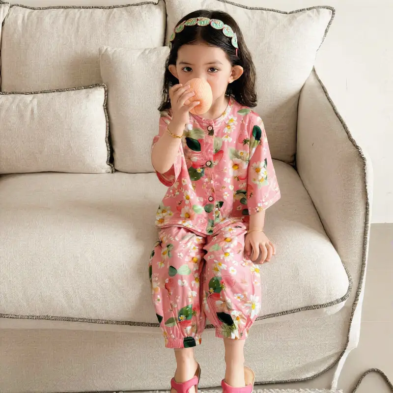 Children's Cotton Silk Home Clothes, Boys' and Girls' Artificial Cotton Pajamas Set, Boys' and Girls' Cardigan Cotton Silk Air-Conditioning Clothes Pajamas